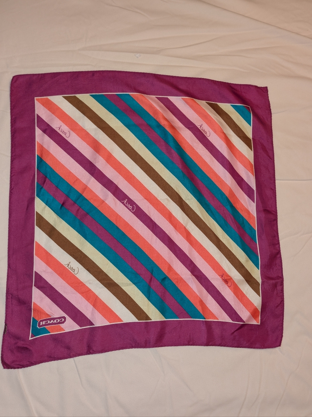 Coach Scarf Multicolor Diagonal Stripe Silk with Magenta Border 21" X 21" GUC - Picture 2 of 11